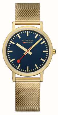Mondaine Classico | 36 mm | quadrante blu | bracciale maglia ip oro A660.30314.40SBM