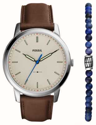 Fossil Il set regalo minimalista | quadrante beige | cinturino in pelle marrone | braccialetto di perline blu FS5966SET