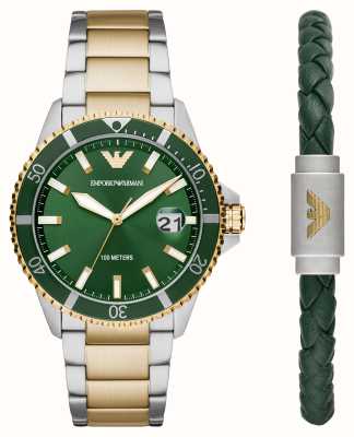 Emporio Armani Cofanetto regalo uomo | quadrante verde | braccialetto bicolore | bracciale in pelle verde AR80063SET