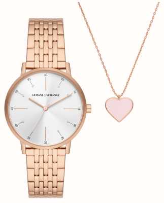 Armani Exchange Set regalo da donna | orologio in acciaio inossidabile oro rosa | collana cuore rosa AX7145SET