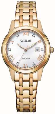 Citizen Cristallo silhouette femminile | guida ecologica | quadrante bianco | bracciale in acciaio inossidabile color oro FE1243-83A