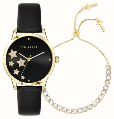 Ted Baker Set regalo stellato da donna con quadrante nero e cinturino in pelle nera abbinato al bracciale color oro BKGFW2217