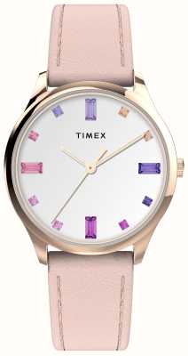 Timex Cinturino in pelle rosa con quadrante bianco in cristallo bianco da donna TW2V76400