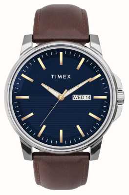 Timex Abito da uomo quadrante blu cinturino in pelle marrone TW2V79200