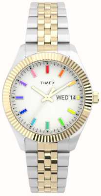 Timex Bracciale da donna in acciaio inossidabile bicolore con quadrante bianco arcobaleno TW2V61600