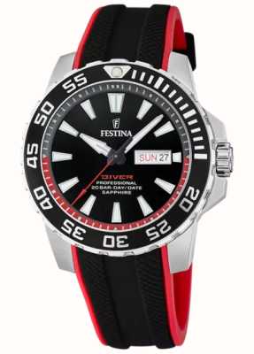 Festina Diver da uomo (45mm) quadrante nero / cinturino in caucciù nero e rosso F20662/3
