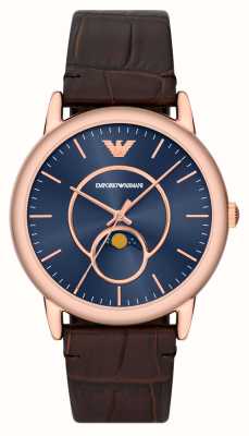 Emporio Armani Quadrante blu con fasi lunari da uomo (43 mm) / cinturino in pelle marrone AR11566