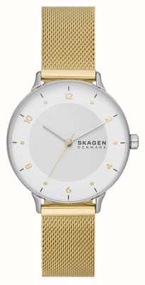 Skagen Quadrante bianco Riis (36 mm) / bracciale in maglia di acciaio color oro SKW3092