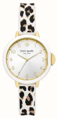 Kate Spade Park Row (34 mm) quadrante argentato/cinturino in silicone bianco con stampa leopardata KSW1811