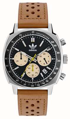 Adidas Un cronografo originale Master (44 mm) quadrante nero/pelle marrone chiaro AOFH23576