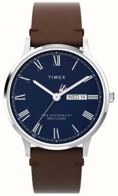 Timex Quadrante blu Waterbury (40 mm) da uomo/cinturino in pelle marrone TW2W14900