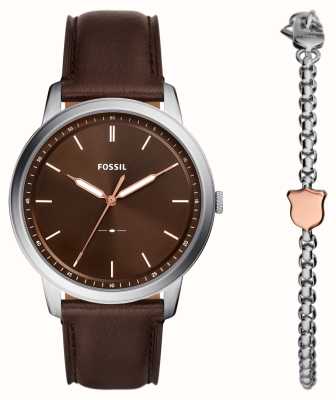 Fossil Set regalo minimalista da uomo (44 mm) quadrante marrone/cinturino in pelle marrone FS6019SET