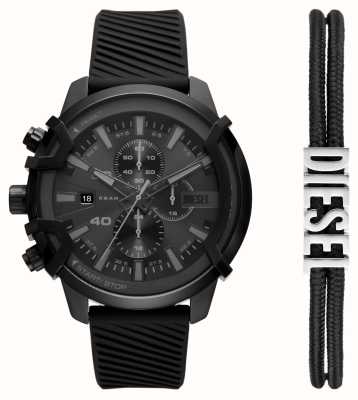 Diesel Set regalo da uomo griffato (48 mm) quadrante cronografo nero / cinturino in silicone nero DZ4650SET