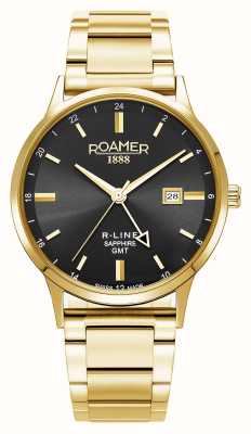Roamer R-line gmt (43 mm) quadrante nero/bracciale intercambiabile in acciaio inossidabile color oro e cinturino in pelle nera 990987 48 85 05