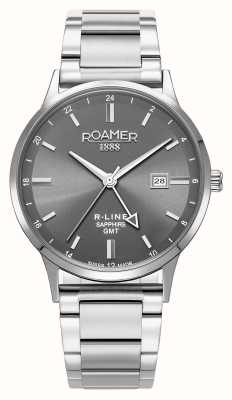 Roamer R-line gmt (43 mm) quadrante grigio/bracciale intercambiabile in acciaio inossidabile e cinturino in pelle nera 990987 41 55 05