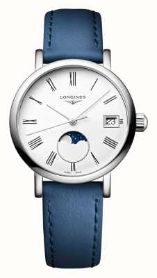 LONGINES L'elegante collezione Longines con fasi lunari al quarzo (30 mm) quadrante bianco opaco/cinturino in pelle blu L43304112