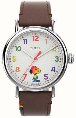 Timex Quadrante bianco standard Arachidi Love (40 mm) / cinturino in pelle marrone TW2W53900