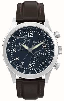 Timex Cronografo tradizionale Waterbury fly-back (42 mm) quadrante blu/cinturino in pelle marrone TW2W47900