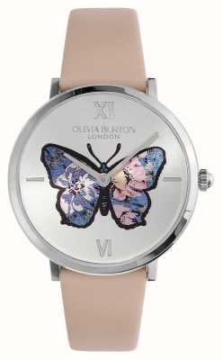 Olivia Burton Firmato quadrante a farfalla argentato (35 mm) / cinturino in pelle rosa 24000145
