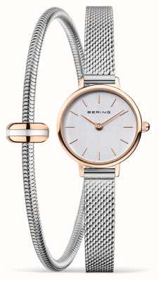 Bering Set regalo orologio classico e bracciale da donna (22 mm) quadrante argentato / bracciale a maglie in acciaio inossidabile 11022-064-LOVELY-2-GWP190