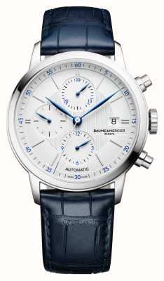Baume & Mercier Classima cronografo automatico (42 mm) quadrante guilloché argento opalino / cinturino in pelle di alligatore blu M0A10330