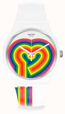 Swatch Battere l'amore | san valentino | cinturino in silicone bianco | quadrante cuore arcobaleno SUOW171