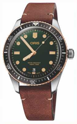 ORIS Divers sessantacinque automatico (40 mm) quadrante verde/cinturino in pelle marrone 01 733 7707 4357-07 5 20 45