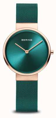 Bering classico | quadrante a raggi di sole verde | cinturino milanese verde | cassa in acciaio inossidabile spazzolato oro rosa 14531-869