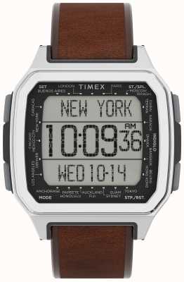 Timex Cinturino Command urban da 47 mm in metallo digitale color argento in pelle marrone TW2U92300