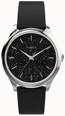 Timex Cassa color argento con quadrante nero glitterato e cinturino nero TW2V01100