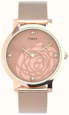 Timex I Wms trascendono la cassa e il bracciale a rete color oro rosa con ritaglio floreale TW2U98100