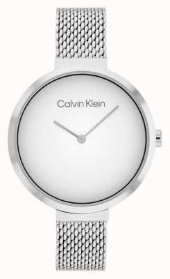Calvin Klein Quadrante bianco minimalista con cinturino a maglia in acciaio inossidabile con barra a T 25200079