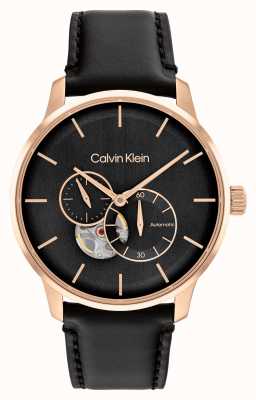 Calvin Klein Orologio automatico da uomo con cinturino in pelle nero e oro rosa 25200074