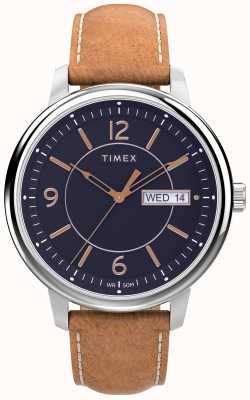 Timex Cinturino in pelle marrone con quadrante blu Chicago TW2V29000