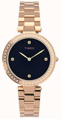 Timex donna | adornano con cristalli quadrante nero | bracciale in oro rosa TW2V24600