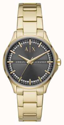 Armani Exchange femminile | quadrante incastonato di cristalli grigi | bracciale in acciaio inossidabile dorato AX5257