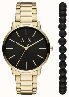 Armani Exchange Set regalo orologio e bracciale da uomo | orologio in acciaio inossidabile dorato | braccialetto di perline nere AX7119