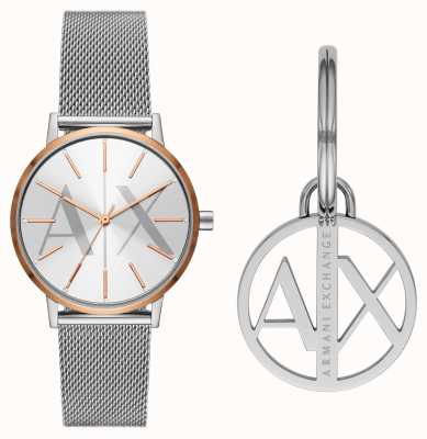 Armani Exchange femminile | set regalo orologio e portachiavi | bracciale in maglia d'acciaio AX7130SET