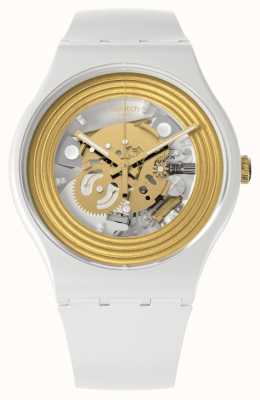 Swatch Orologio con quadrante scheletro bianco con anelli dorati SO29W107