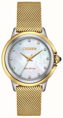 Citizen Quadrante con diamanti eco-drive da donna in maglia pvd oro EM0794-54D